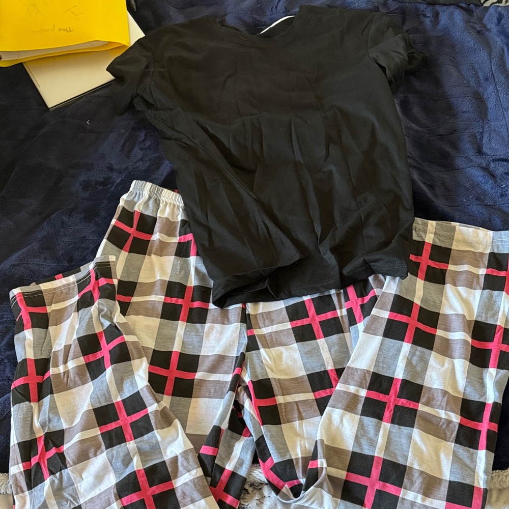 Black T-Shirt and Plaid Pajama Set